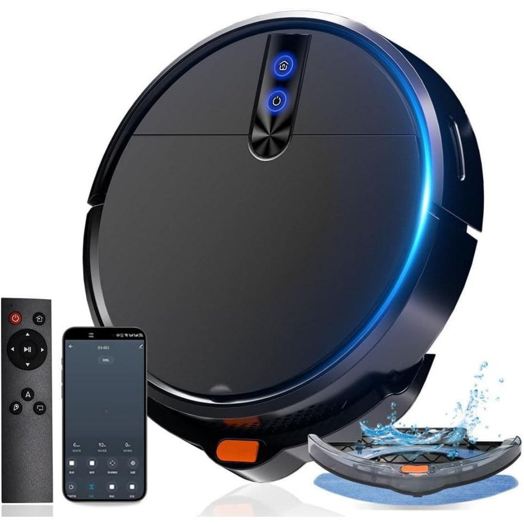 Ensemble robot et base de lavage associant une aspiration annoncee de 2000 Pa au coloris noir et gris