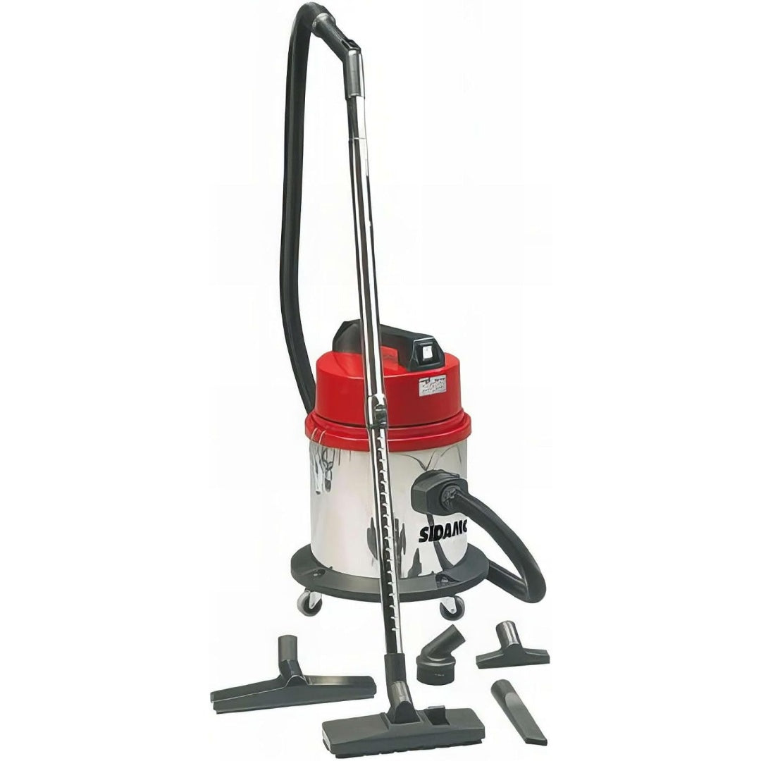 Aspirateur pour liquides et poussieres avec une tension annoncee de 230 V, coloris gris et blanc